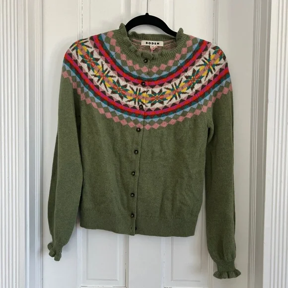 Boden Green Fair Isle Button-Front Cardigan - Picture 2 of 8